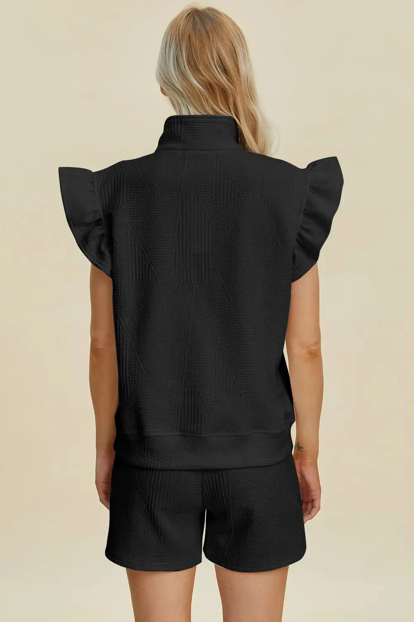 Double Take Full Size Texture Flounce Sleeve Top and Shorts Set  Style Ratio