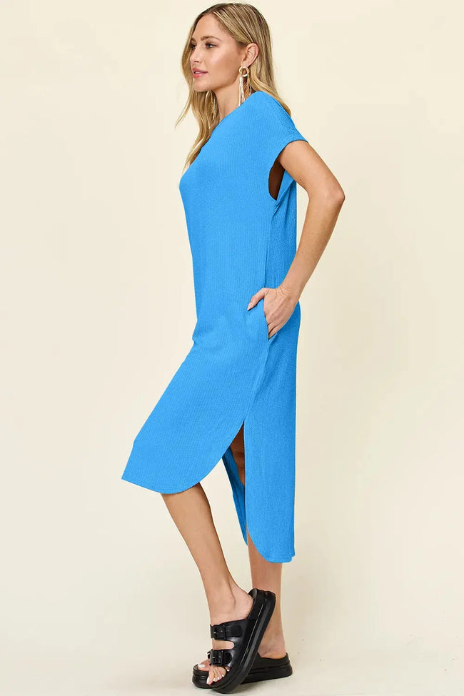 Double Take Full Size Round Neck Short Sleeve Slit Dress  Style Ratio