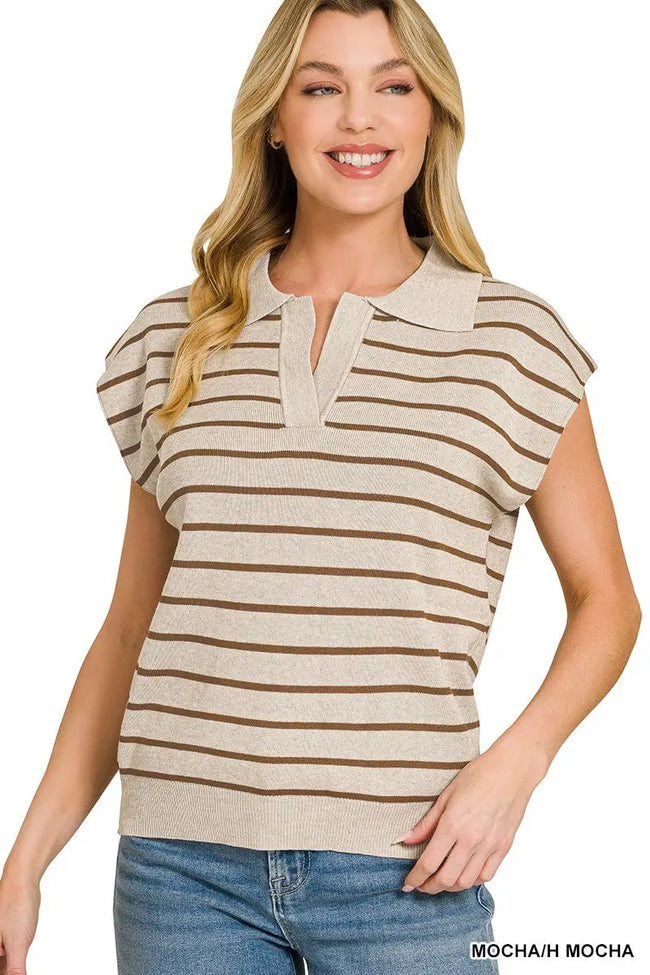 Zenana Viscose Striped Collared Sweater  Style Ratio
