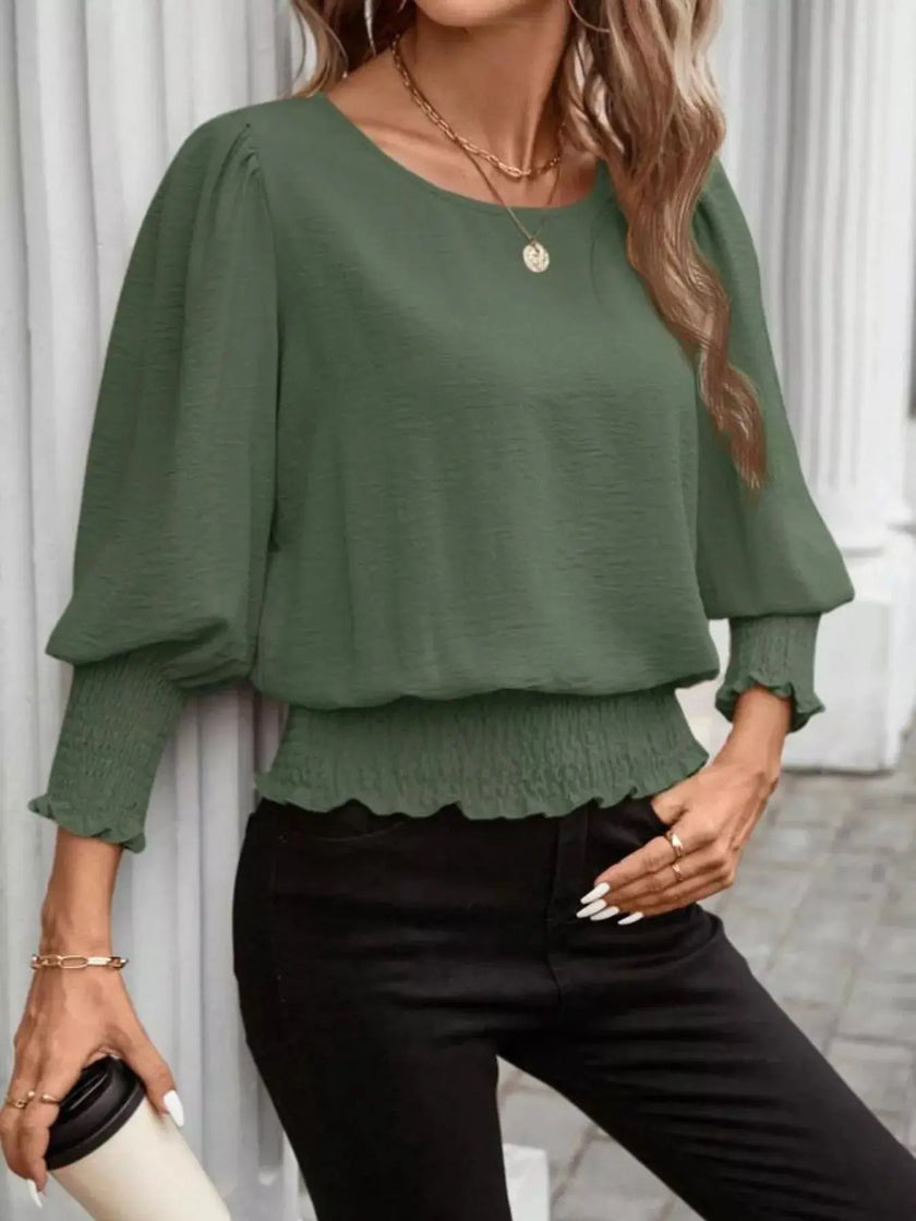Smocked Waist Round Neck Blouse  Style Ratio