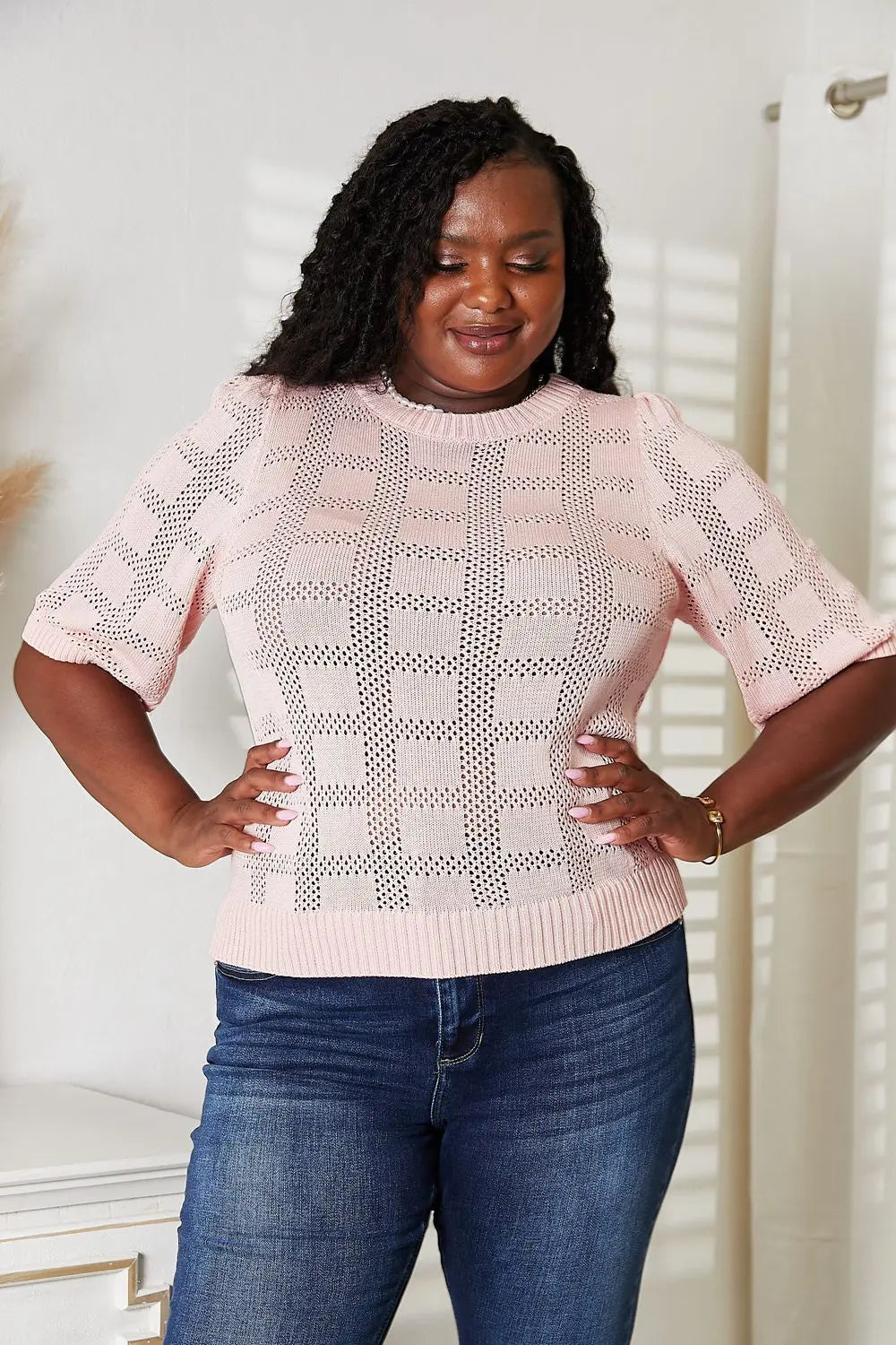 Mandy Ribbed Trim Round Neck Knit Blouse  Style Ratio