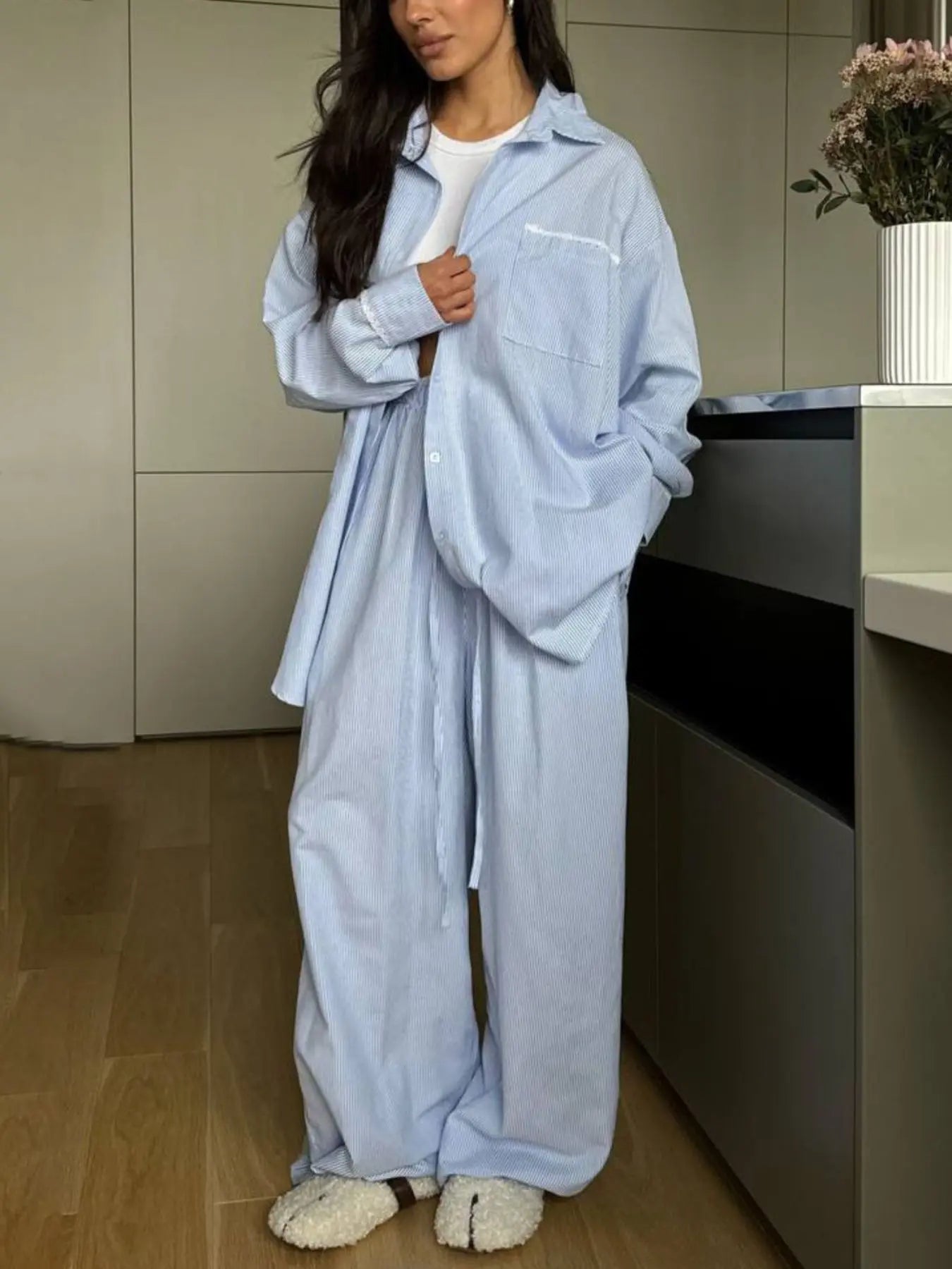 Relaxed Fit Long Sleeve Shirt and Pants Loungewear  Style Ratio