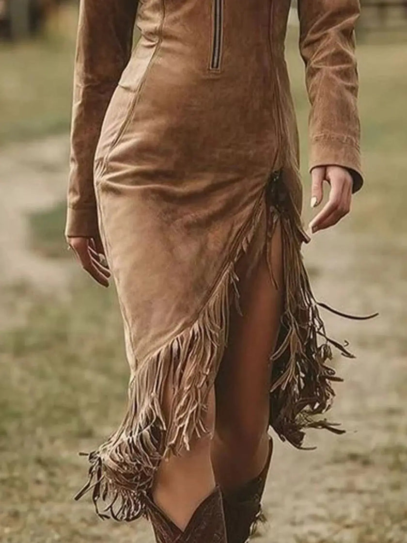 Full Size Fringe Hem Zip Front Bodycon Dress  Style Ratio