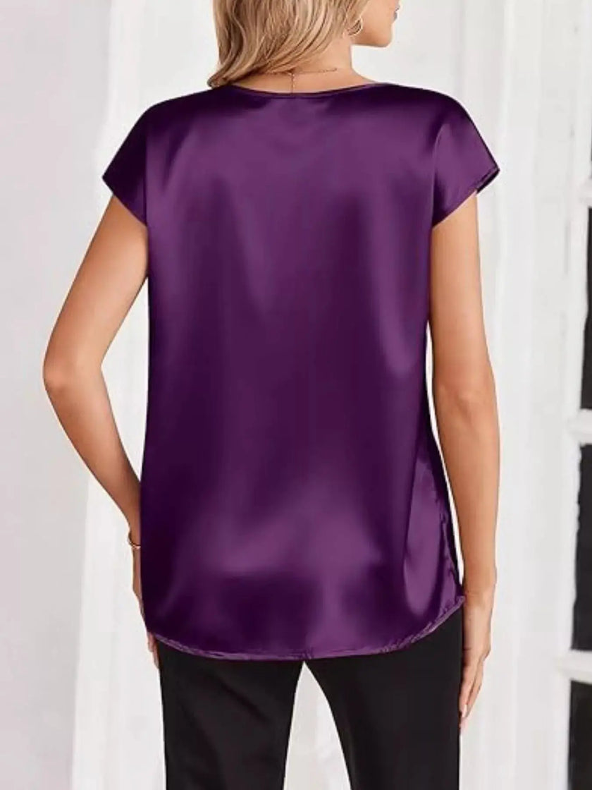 Satin V-Neck Short Sleeve Blouse  Style Ratio
