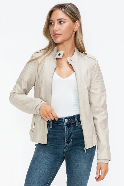 Snobbish Leather Biker Jacket with Side Zip Pockets Trendsi