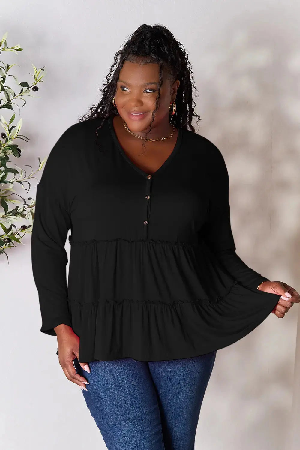 Double Take Half Button Long Sleeve Ruffle Hem Blouse  Style Ratio