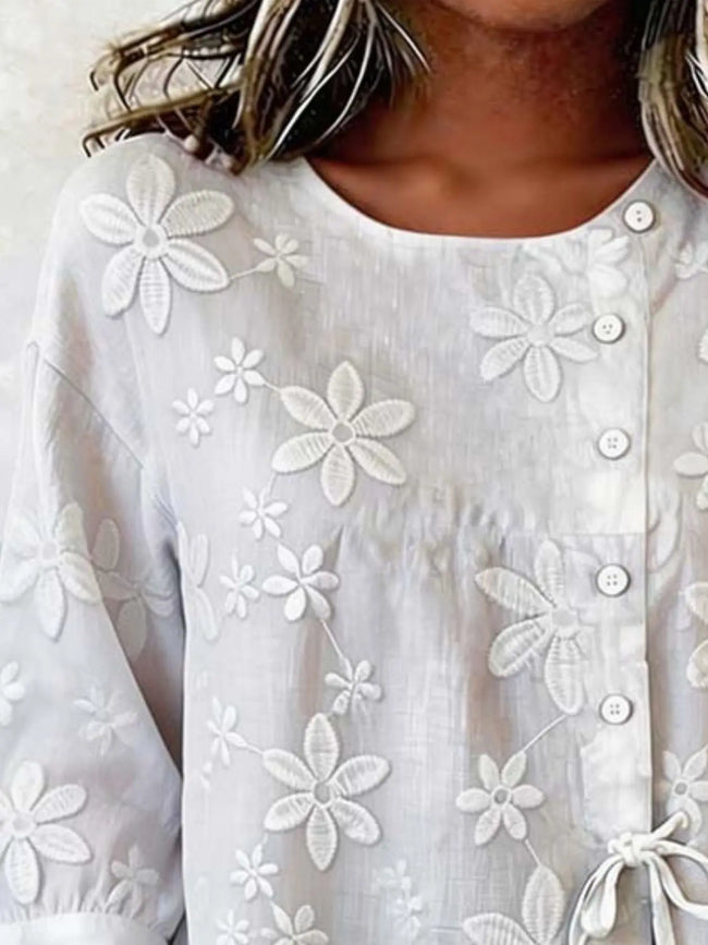 Full Size Floral Embroidered Button-Down Shirt  Style Ratio