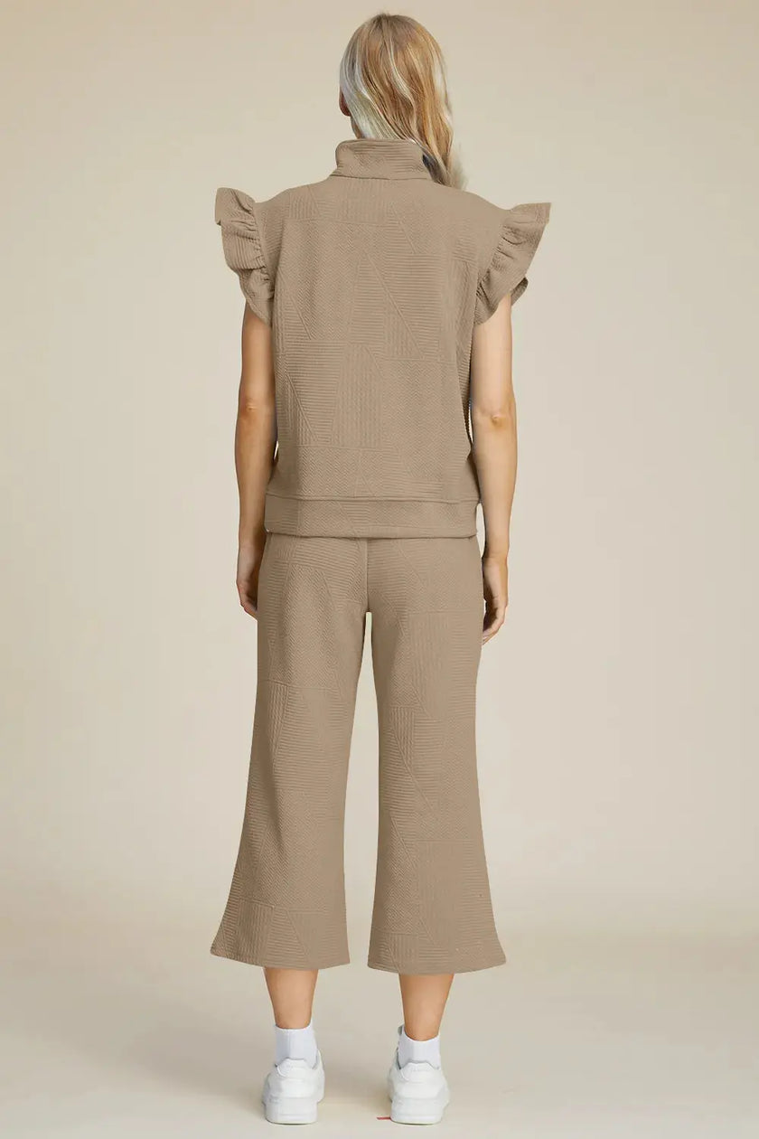 Double Take Full Size Texture Ruffle Short Sleeve Top and Wide Leg Pants Set  Style Ratio