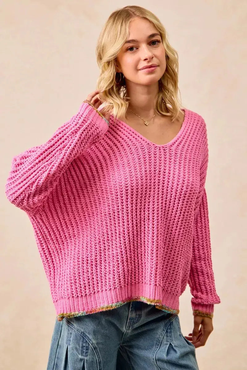 BiBi V Neck Sweater with Colorful Trim  Style Ratio