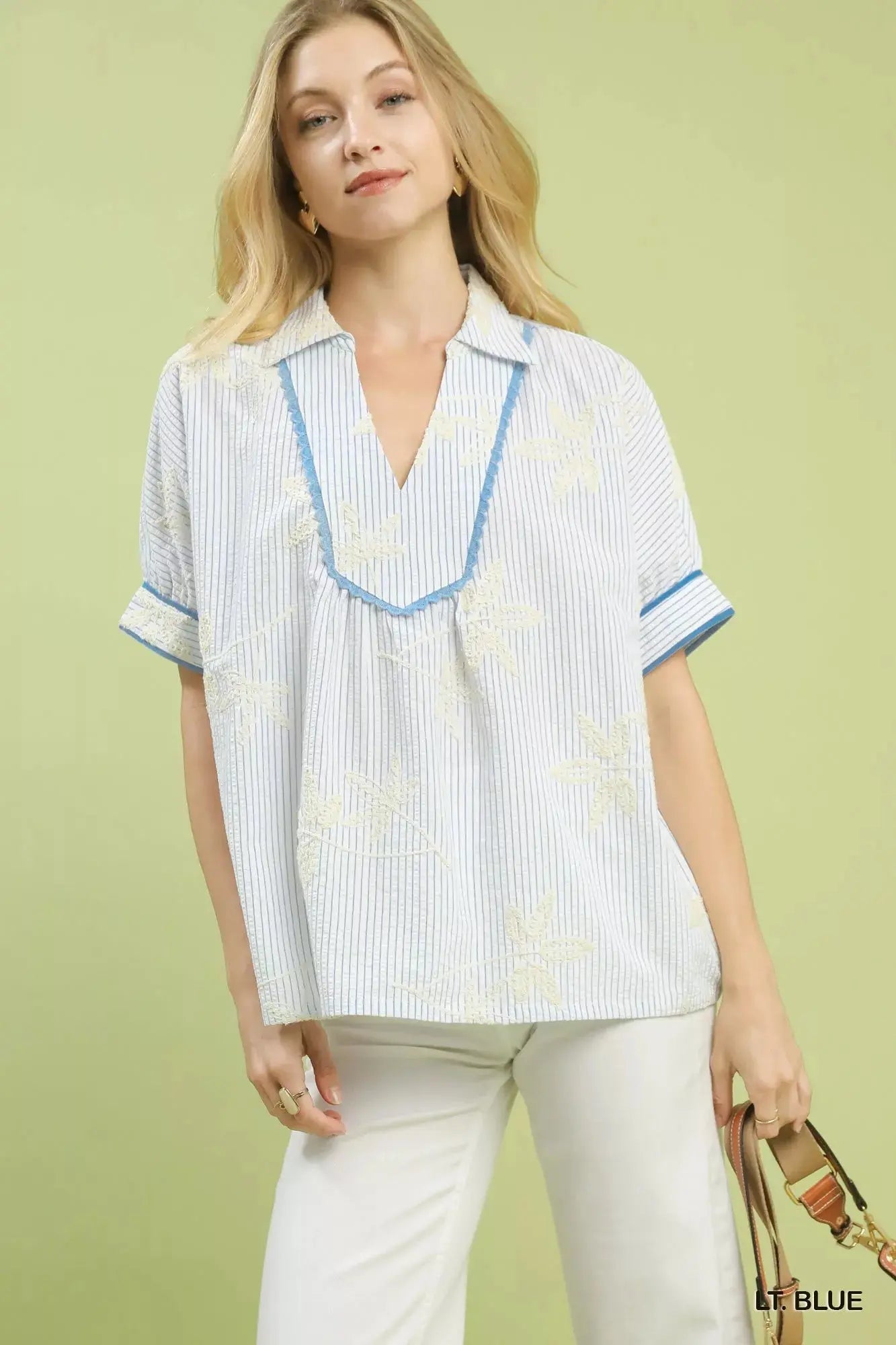 Umgee Striped Embroidered Blouse with Scallop Trim  Style Ratio