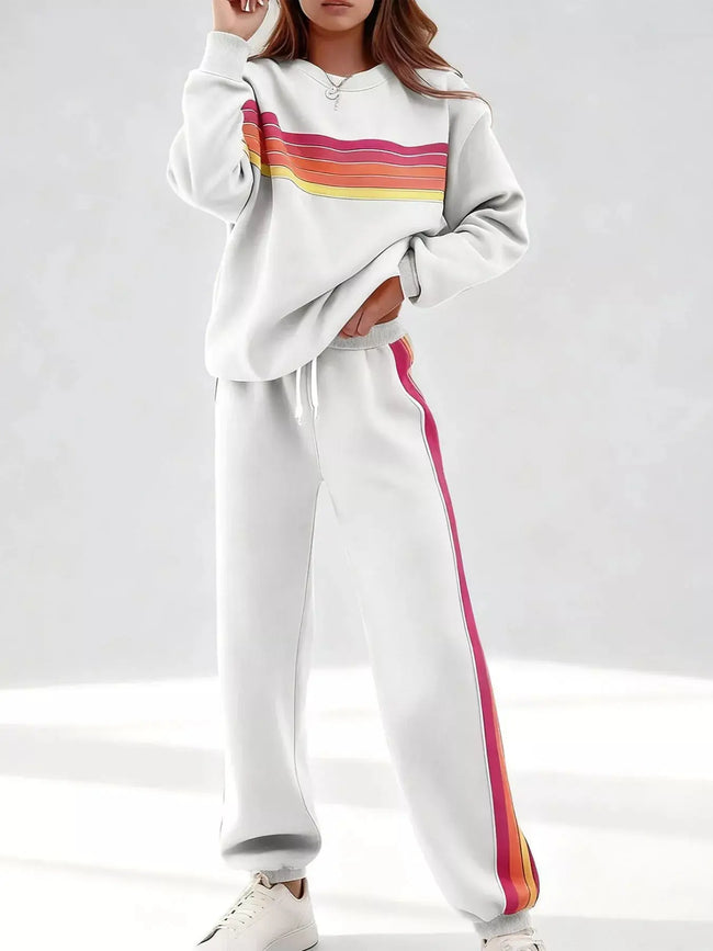 Striped Round Neck Sweatshirt and Pants Set  Style Ratio
