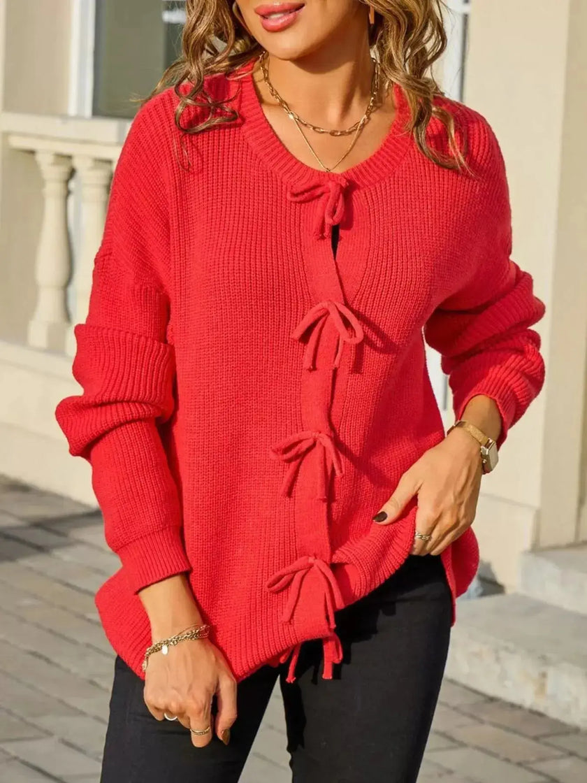 Ribbed Knit Bow Tie Cardigan  Style Ratio