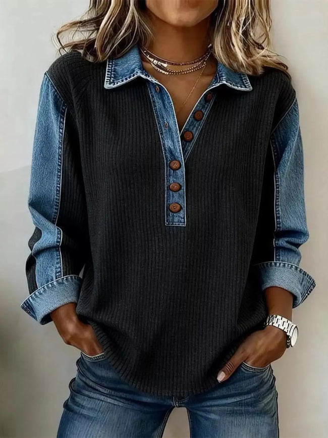 Denim Trim Button Detail Shirt  Style Ratio