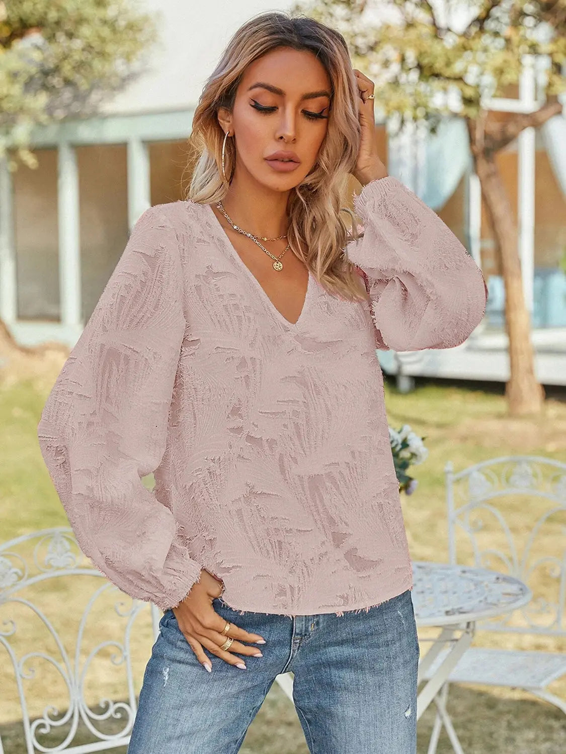 V-Neck Long Sleeve Blouse  Style Ratio