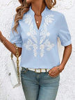 Embroidered Notched Short Sleeve Blouse  Style Ratio