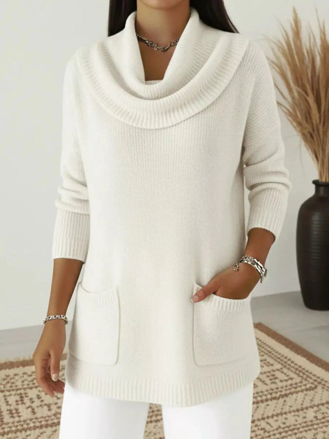 Full Size Cowl Neck Long Sleeve Sweater with Pockets  Style Ratio