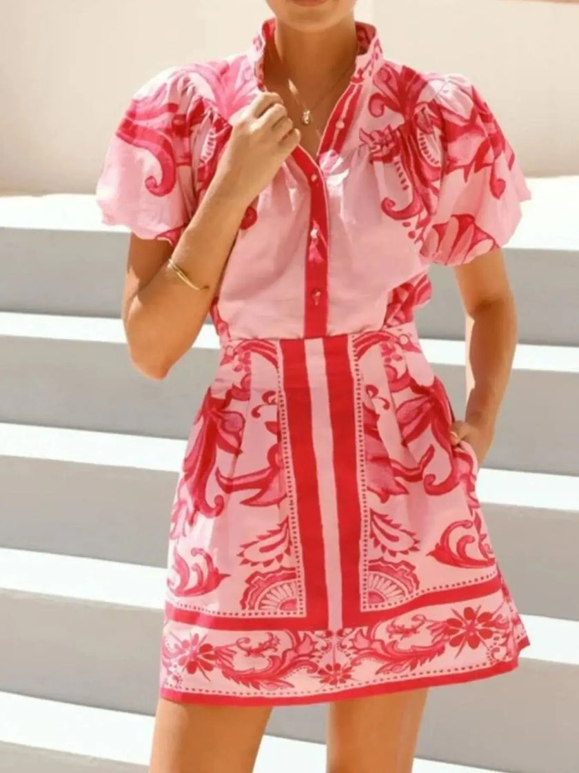 Printed Puff Sleeve Top and Skirt Set  Style Ratio