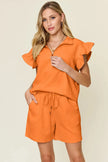 Double Take Texture Flounce Sleeve Top and Drawstring Shorts Set  Style Ratio