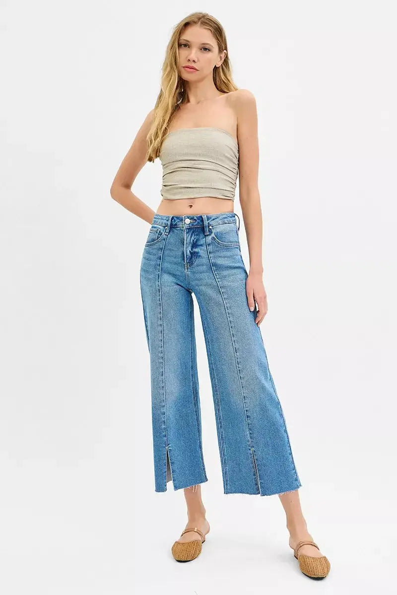 RISEN Tummy Control Mid Rise Crop Wide Front Slit Jeans  Style Ratio