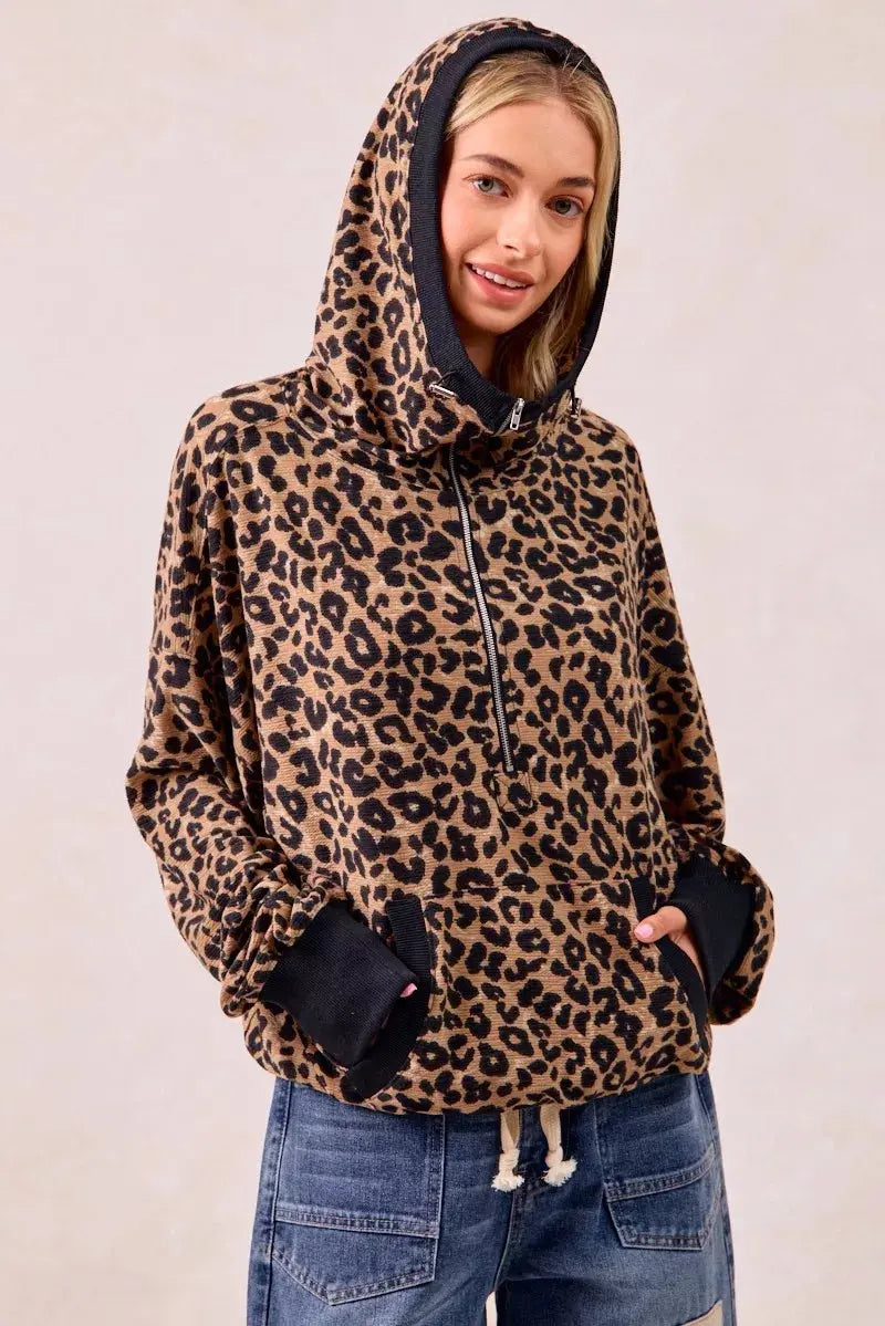 BiBi Leopard Print Waffle Half Zip Up Hoodie W Pocket  Style Ratio