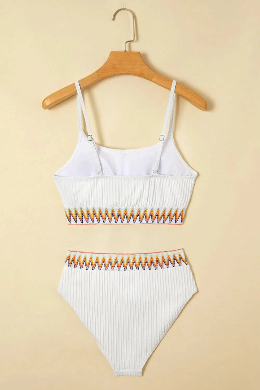 Textured Contrast Banding Bikini High Waist 2pcs Swimsuit  Style Ratio
