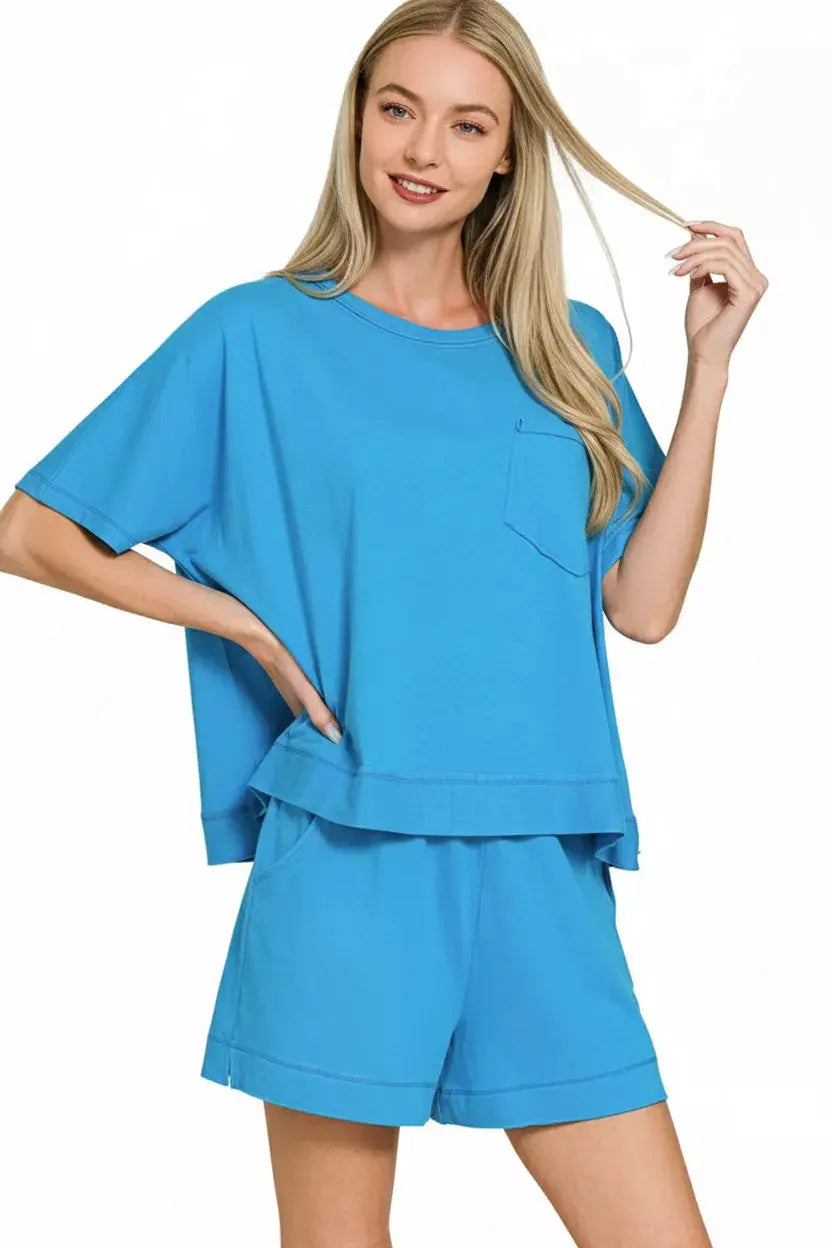 Zenana Exposed Seam Boxy Top & Shorts Loungewear  Style Ratio