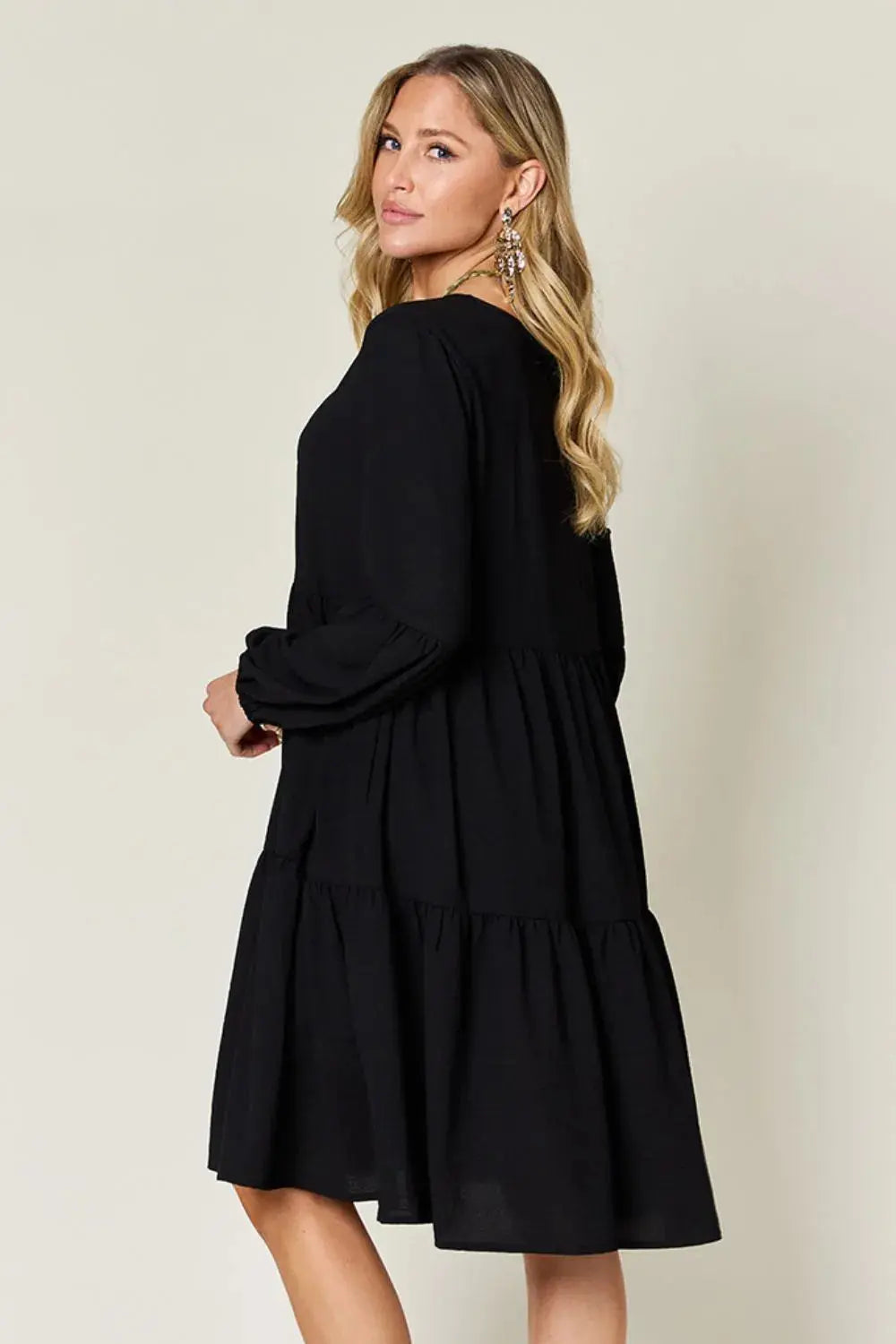 Double Take Full Size V-Neck Balloon Sleeve Tiered Dress with Pockets  Style Ratio