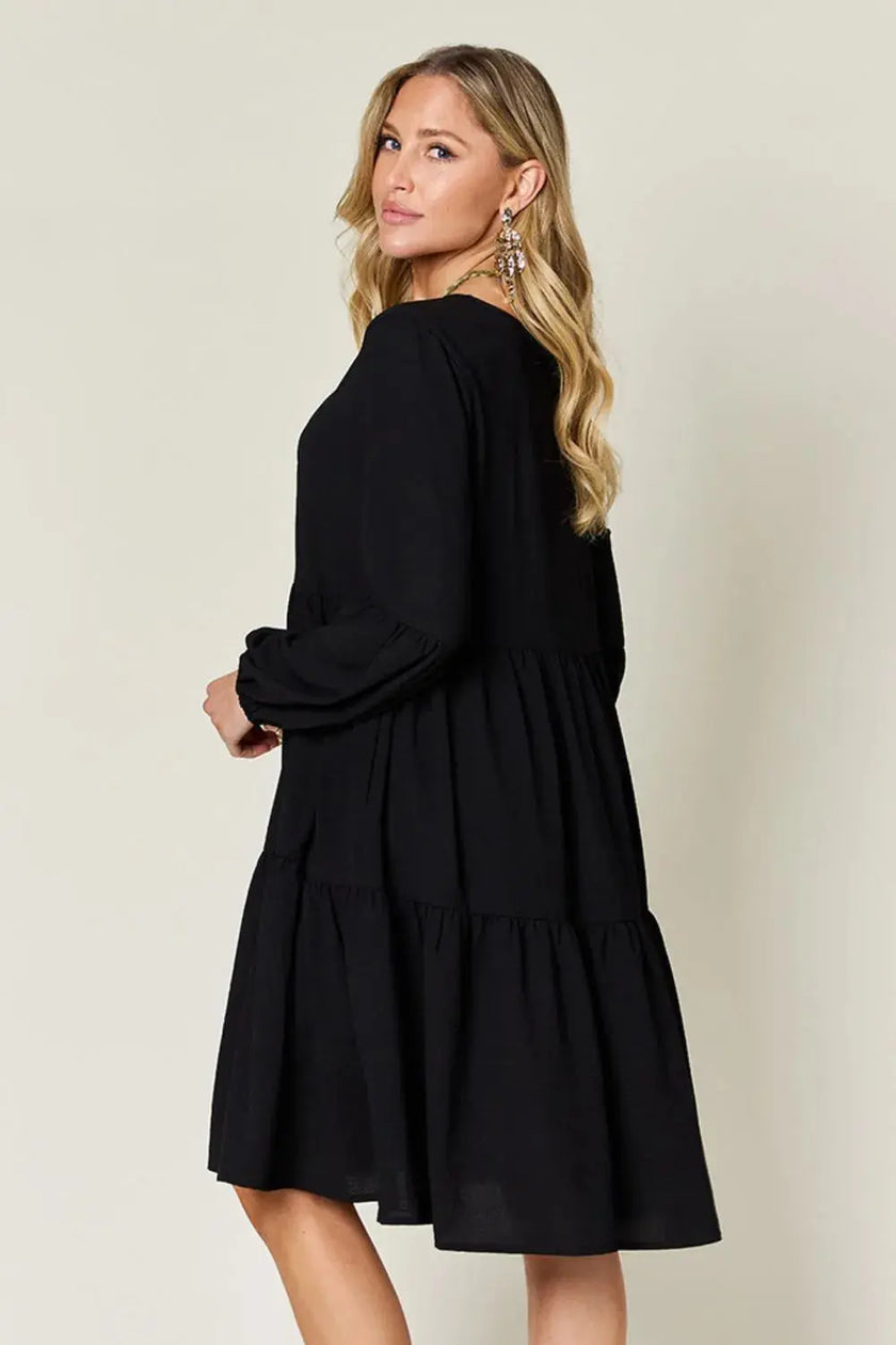 Double Take Full Size V-Neck Balloon Sleeve Tiered Dress with Pockets  Style Ratio