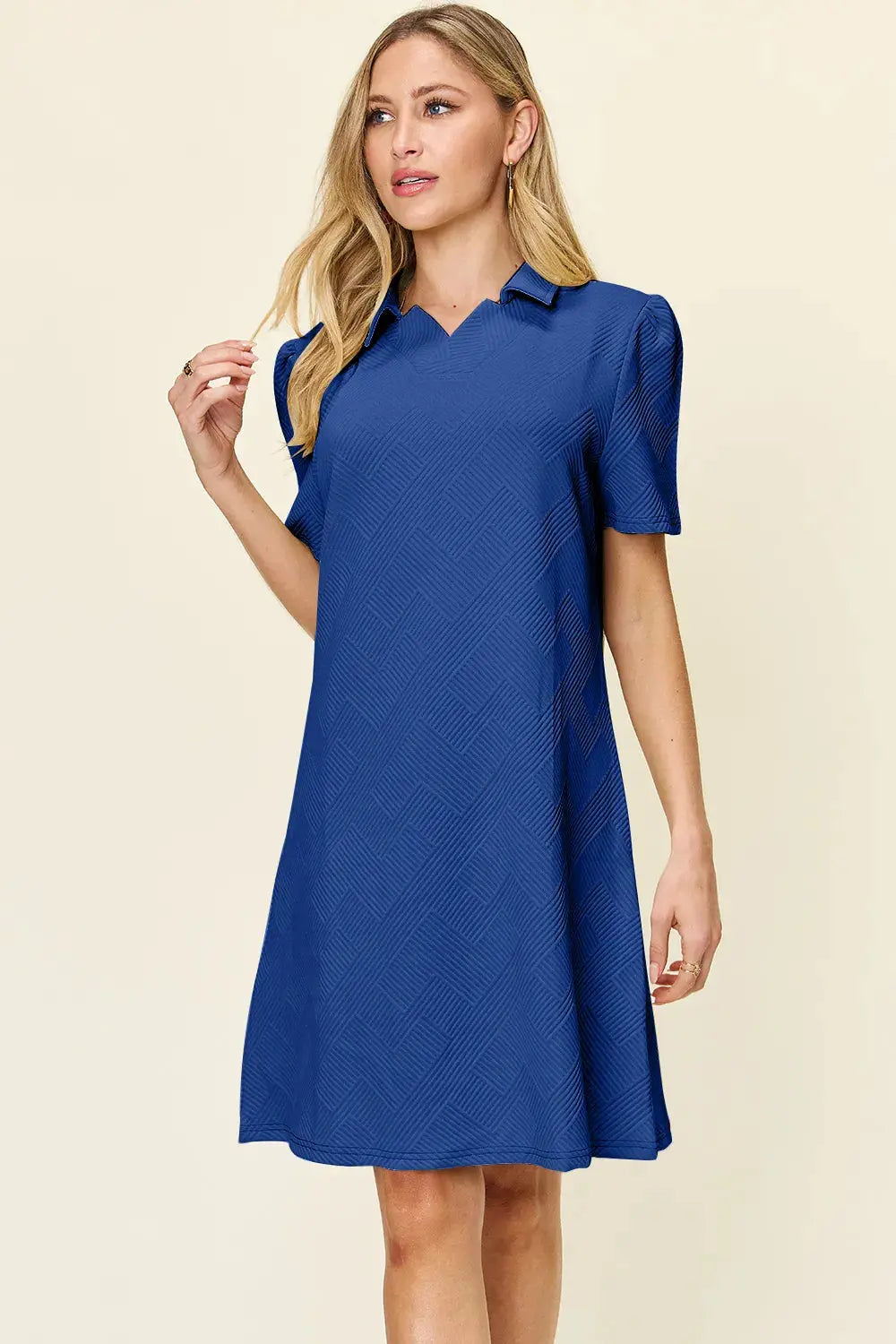 Double Take Full Size Texture Collared Neck Short Sleeve Dress  Style Ratio