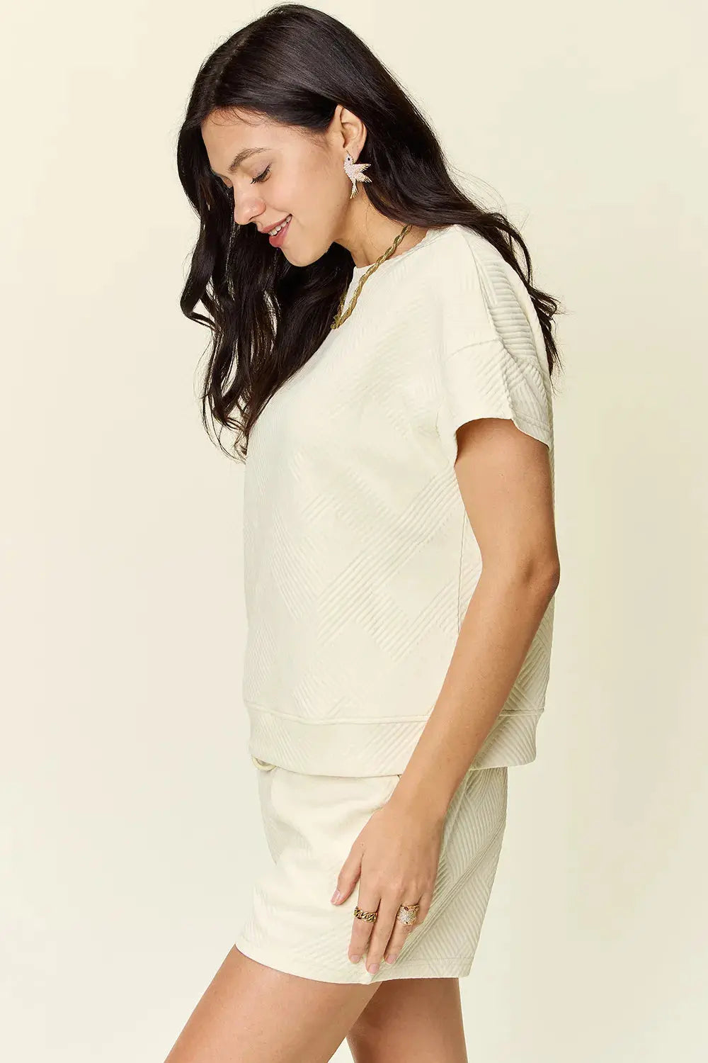 Double Take Full Size Texture Short Sleeve T-Shirt and Drawstring Shorts Set  Style Ratio