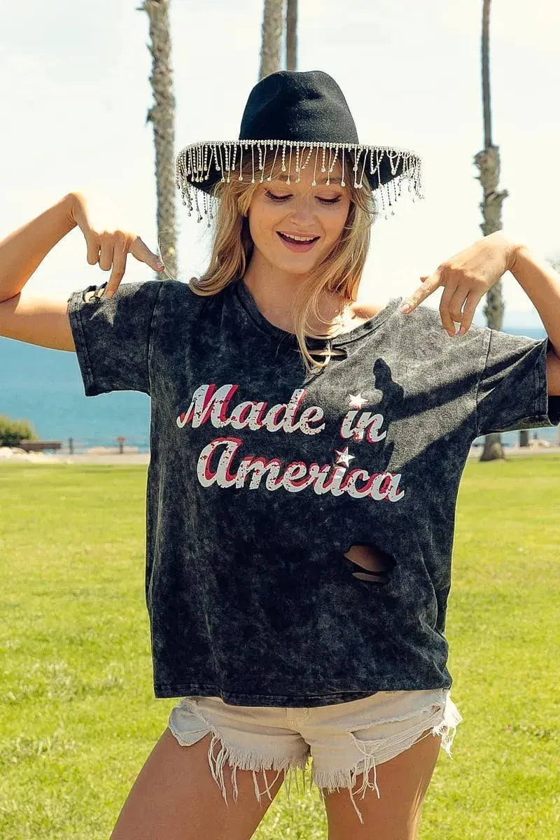 BiBi Laser Cut Mineral Washed America Print Short Sleeve Shirt  Style Ratio