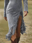 Full Size Fringe Hem Zip Front Bodycon Dress  Style Ratio