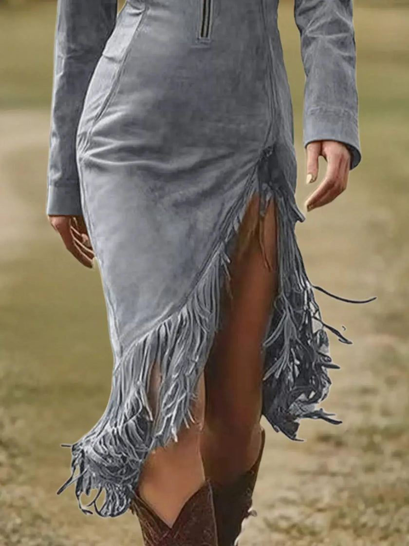 Full Size Fringe Hem Zip Front Bodycon Dress  Style Ratio