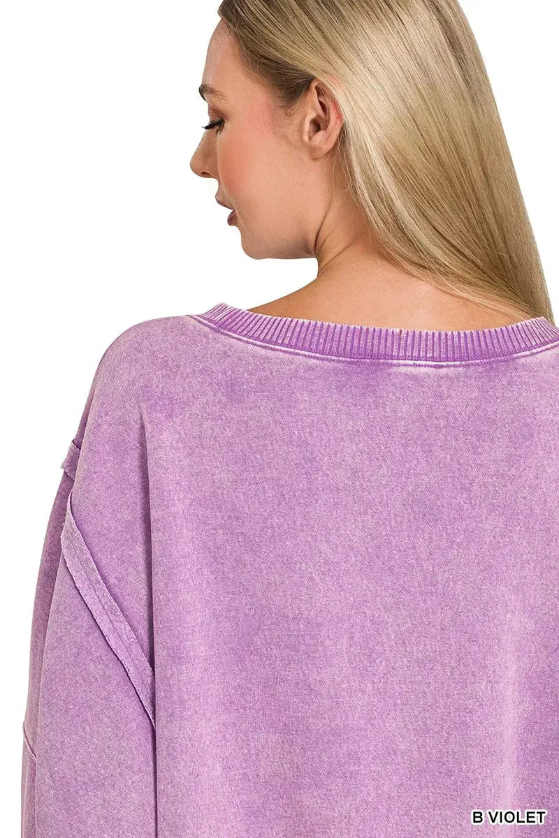 Zenana Acid Washed Batwing Sleeve Fleece Sweatshirt  Style Ratio