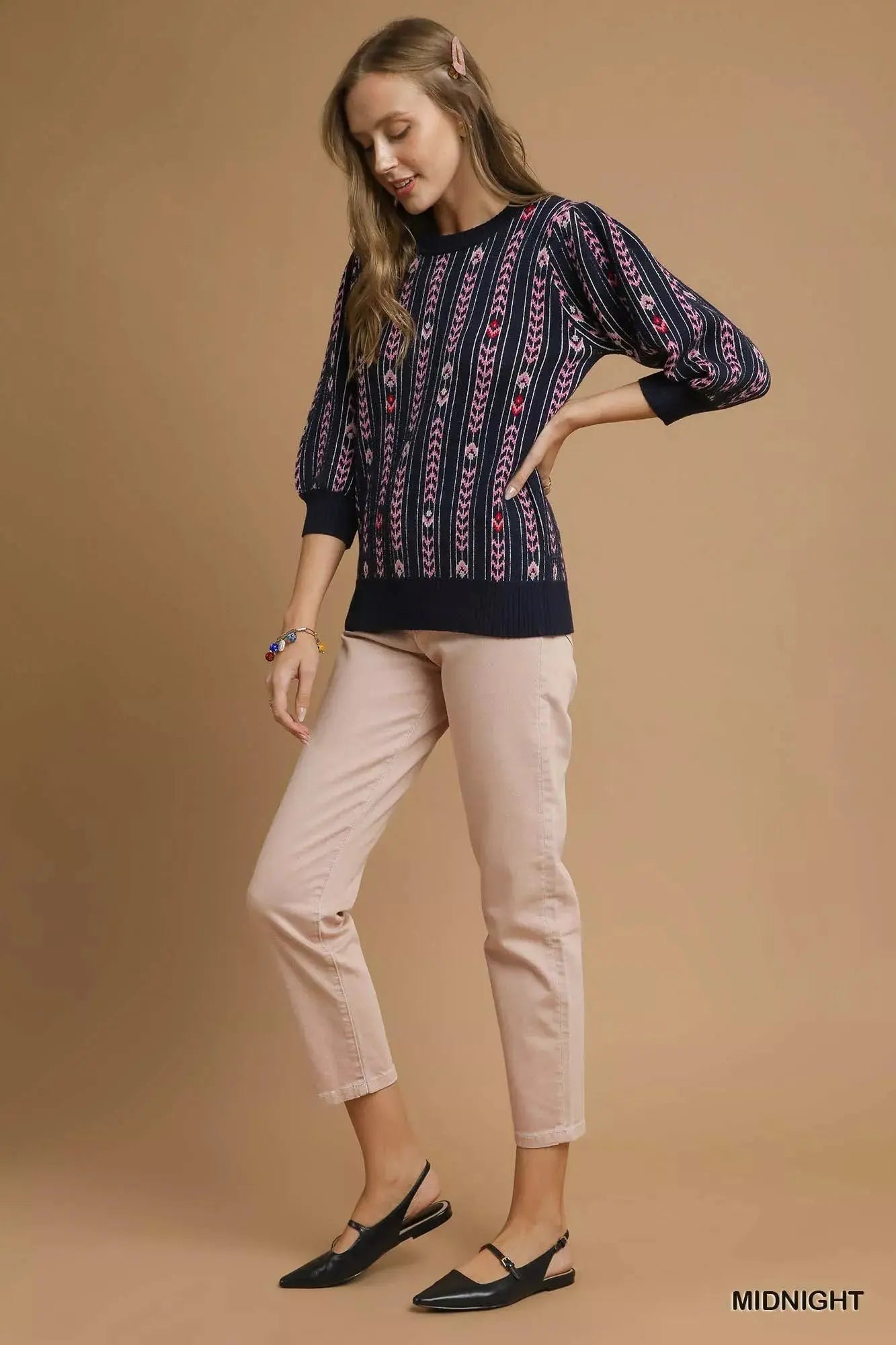 Umgee Jacquard Knit Puff Sleeve Sweater  Style Ratio
