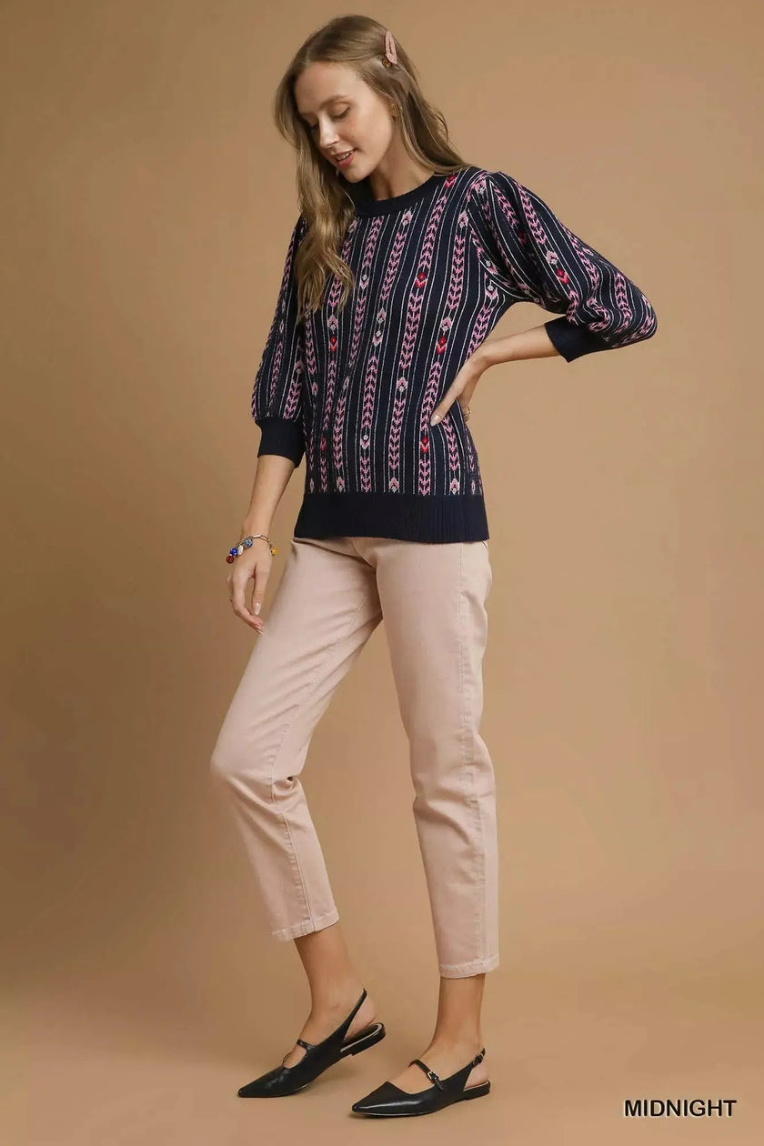 Umgee Jacquard Knit Puff Sleeve Sweater  Style Ratio