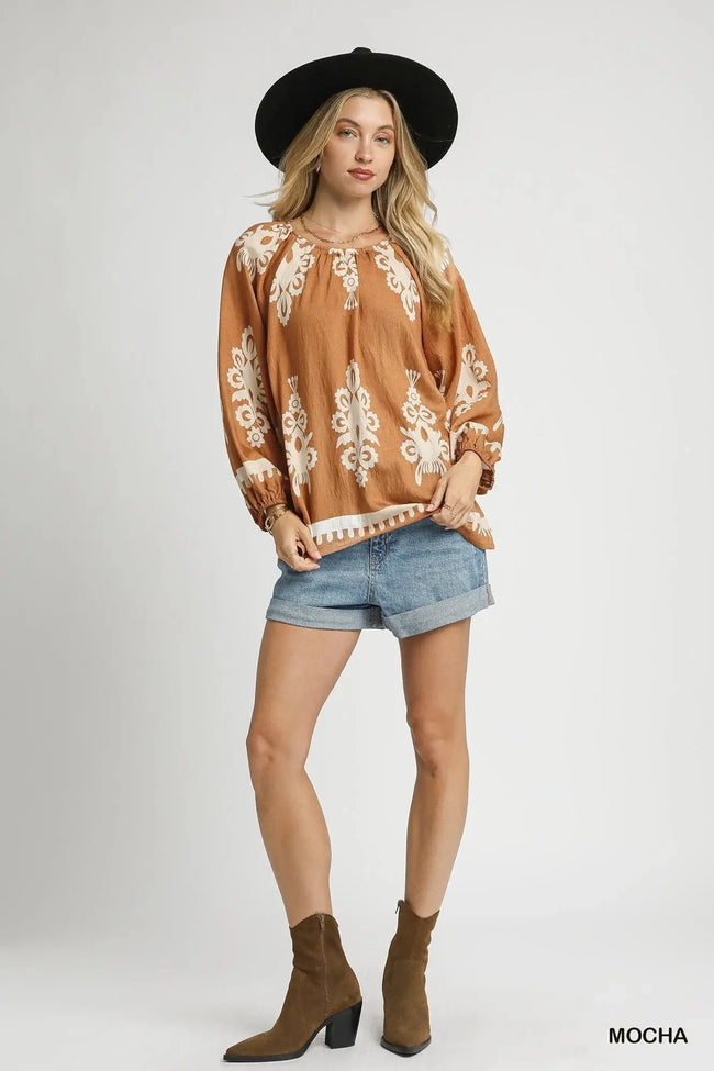 Umgee Full Size Two Tone Border Print Top with Balloon Sleeves  Style Ratio