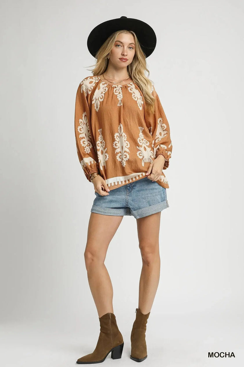 Umgee Full Size Two Tone Border Print Top with Balloon Sleeves  Style Ratio