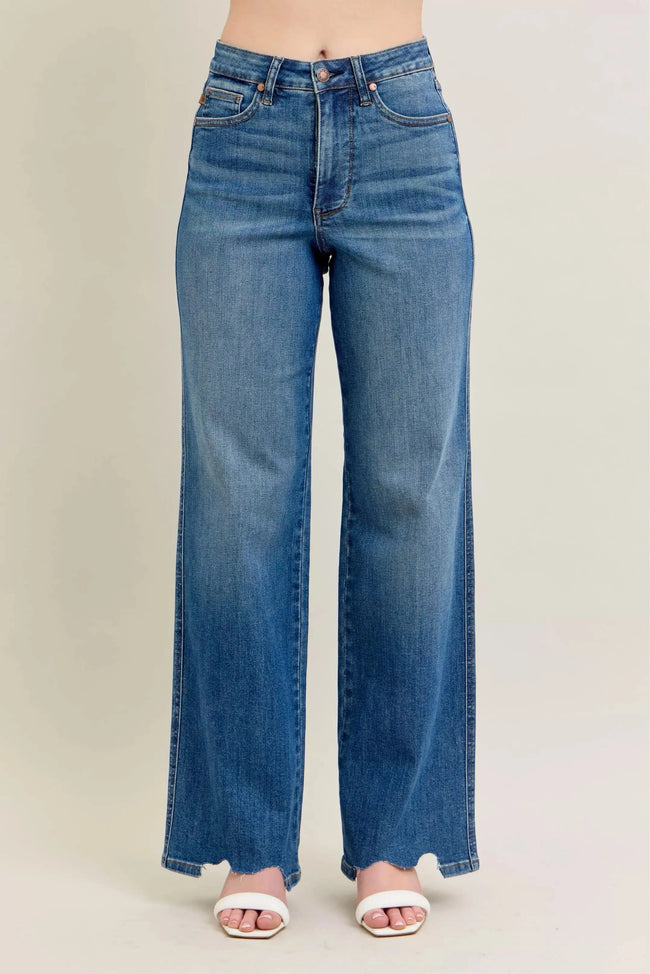 Judy Blue Full Size High Waist Tummy Control Chew Hem Destroy Wide Jeans Plus Size  Style Ratio