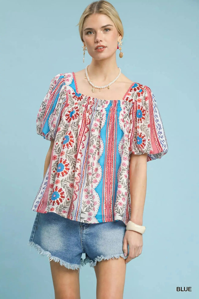 Umgee Patchwork Puff Sleeve Smocked Blouse  Style Ratio