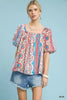 Umgee Patchwork Puff Sleeve Smocked Blouse  Style Ratio