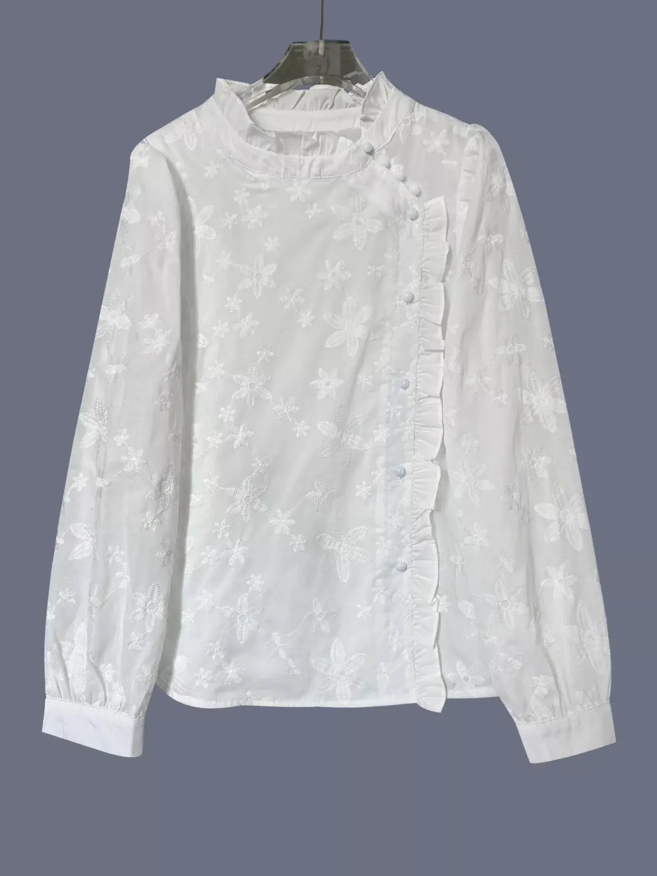 Floral Embroidered Ruffle Trim Top  Style Ratio