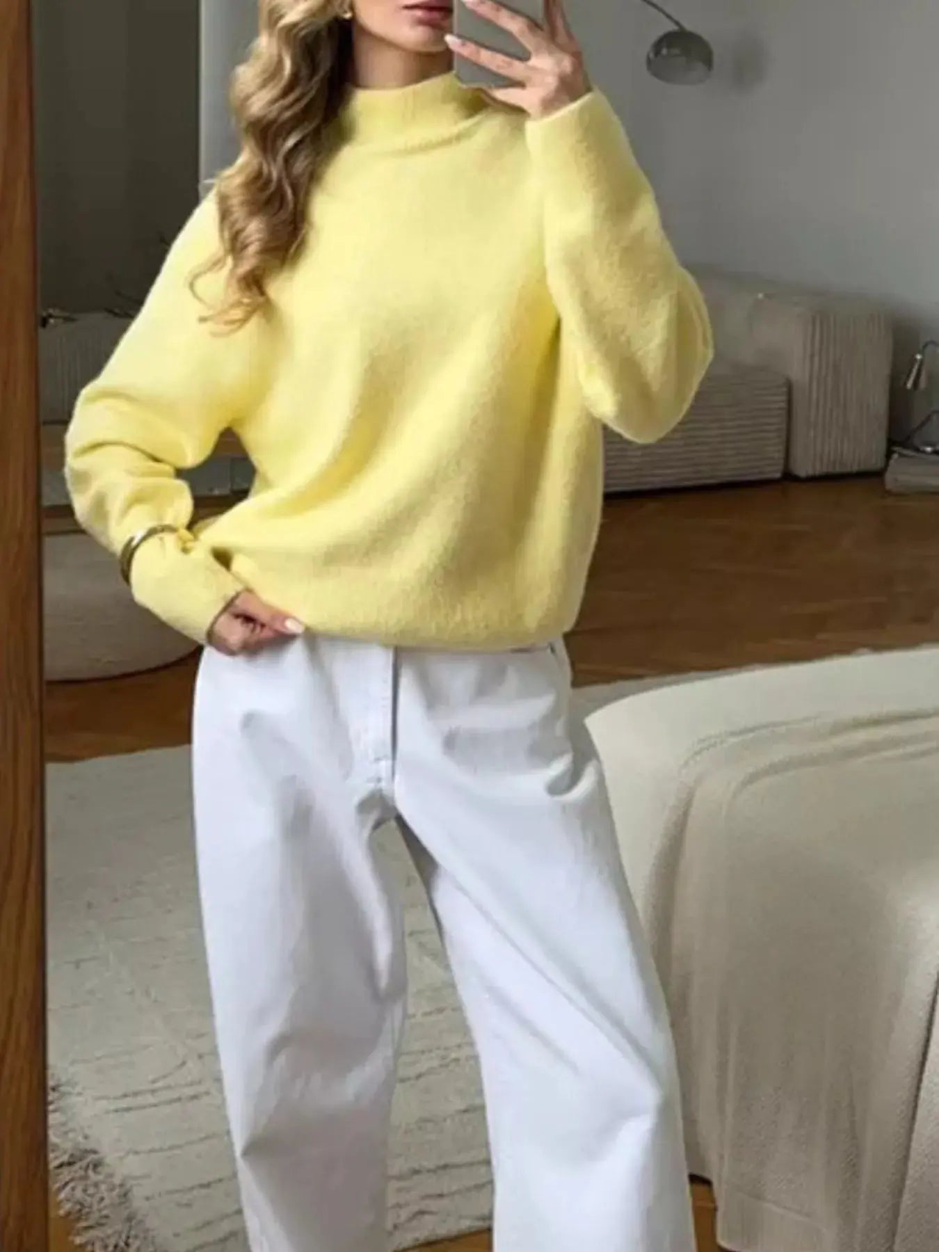 Mock Neck Dropped Shoulder Sweater  Style Ratio