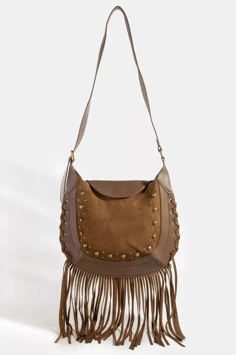 Fame Rivet Trim Suede Fringe Shoulder Bag  Style Ratio