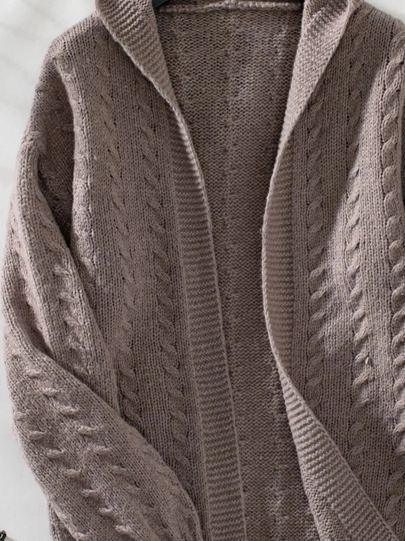 Cable Knit Open Front Hooded Cardigan  Style Ratio