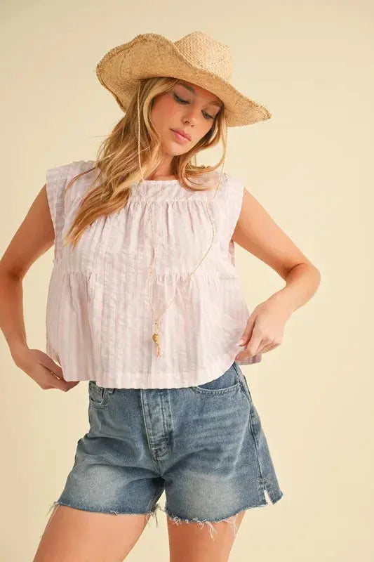 Aemi + Co Ruched Striped Round Neck Sleeveless Blouse  Style Ratio