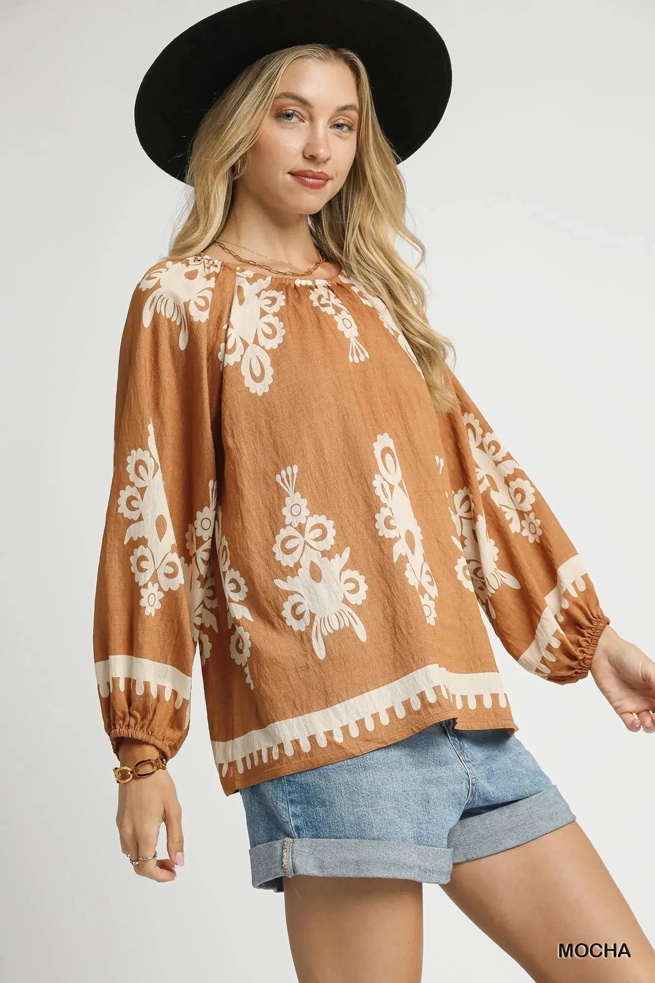 Umgee Full Size Two Tone Border Print Top with Balloon Sleeves  Style Ratio