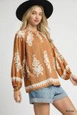 Umgee Full Size Two Tone Border Print Top with Balloon Sleeves  Style Ratio