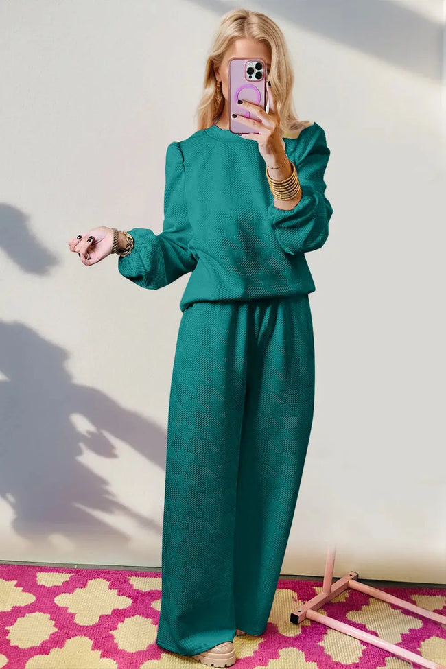 Double Take Texture Long Sleeve Top and Wide Leg Pants Set  Style Ratio