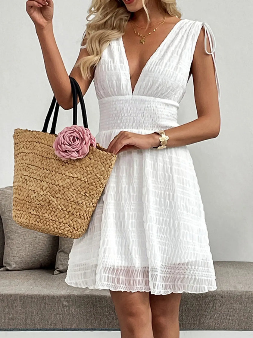 Smocked Deep V-Neck Sleeveless Dress  Style Ratio